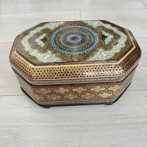 Vintage Micro Mosaic Jewelry Box Persian Hand Painted Khatam Inlay